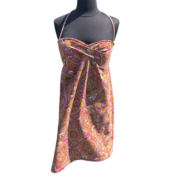 Tommy Bahama Halter Dress Paisley Print Pink Orange Sweetheart Sundress - Picture 1 of 9